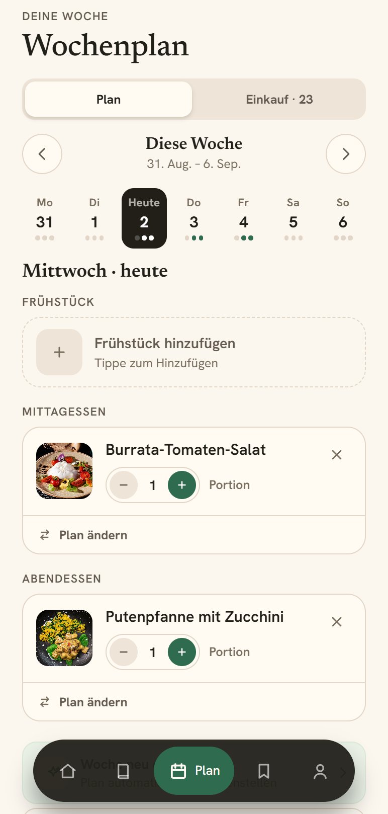 Wochenplan mit Tagesleiste, in der geplante Tage grün markiert sind, und den Gerichten für Mittag und Abend